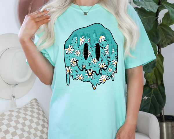 Drippy Smiley Face Teal DTF Transfer 4636